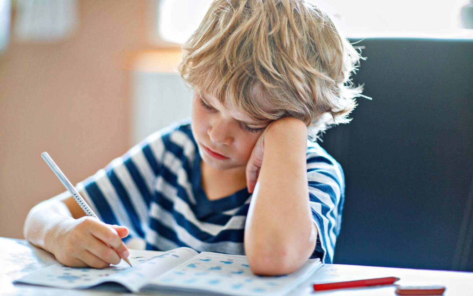 boy sitting a table working in notebook