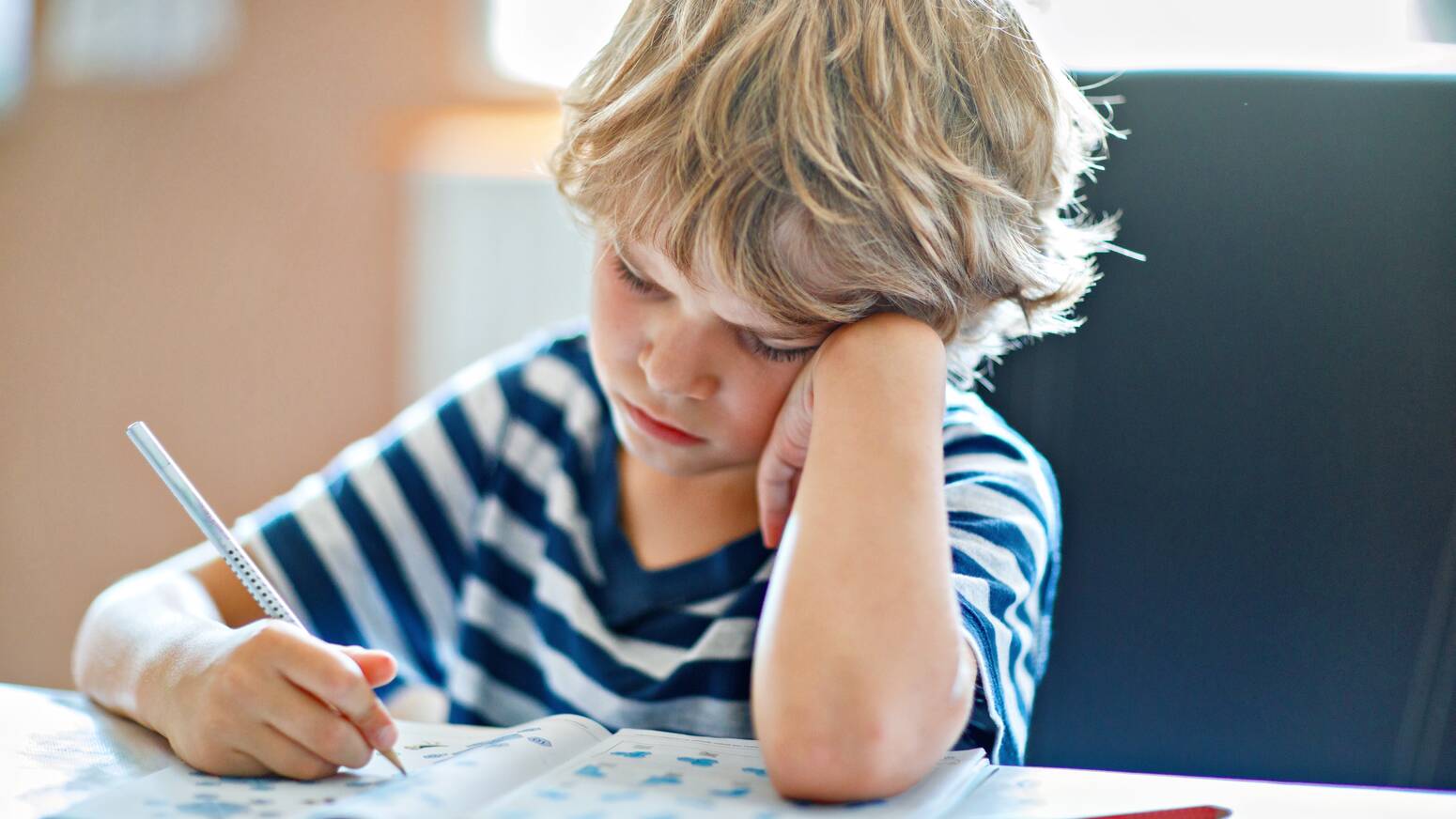 boy sitting a table working in notebook