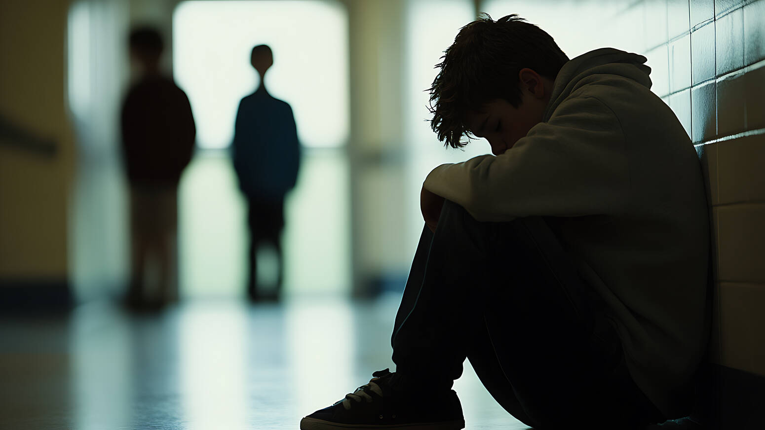 teen sitting hugging knees in hallway