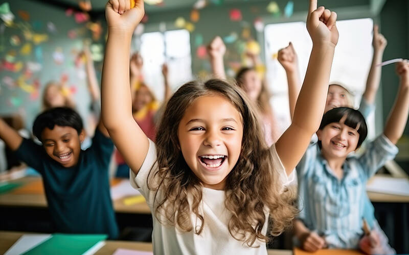 girl in front of classroom celebrating