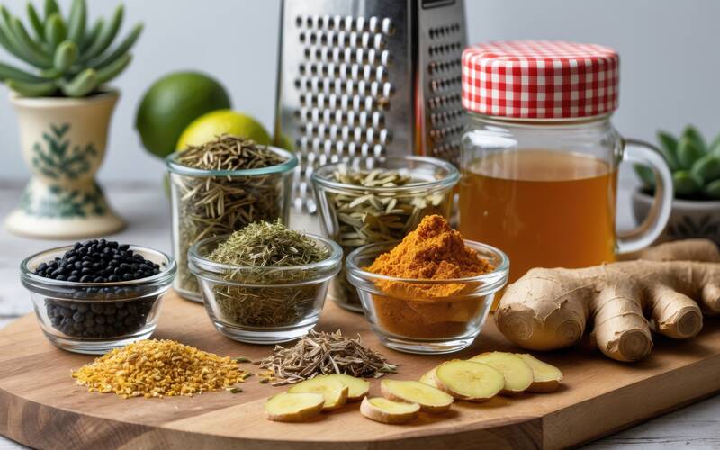 Tray of ginger honey and other spices