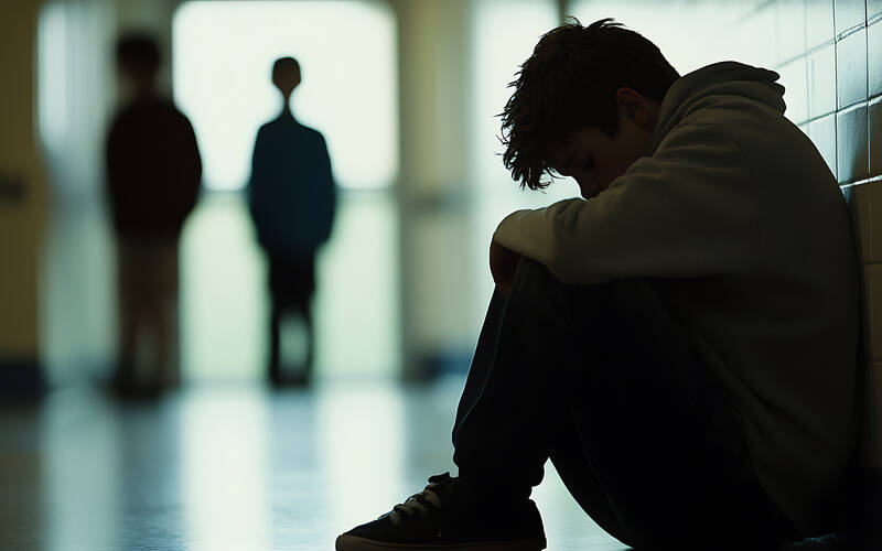 teen sitting hugging knees in hallway