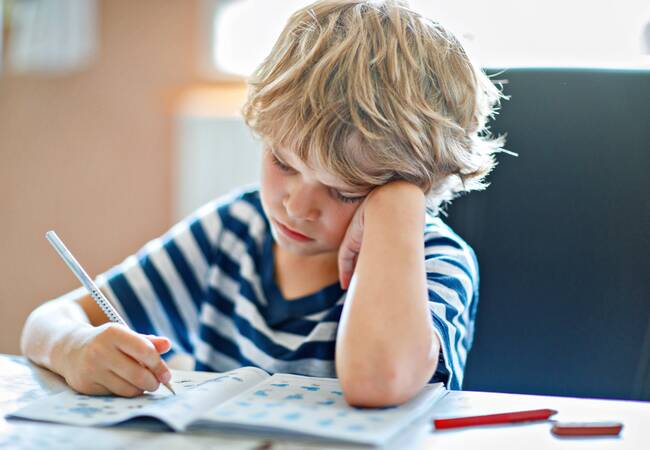 boy sitting a table working in notebook