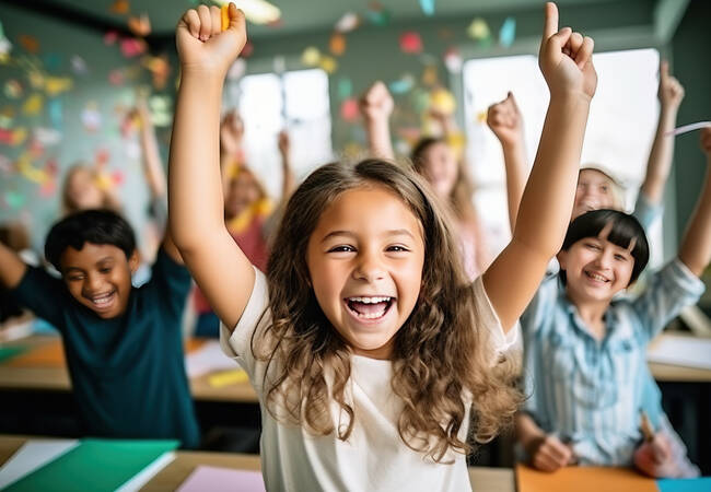 girl in front of classroom celebrating