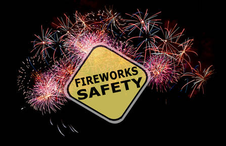 Image of fireworks in a black night sky overlaid with a yellow sign that reads "FIREWORKS SAFETY"