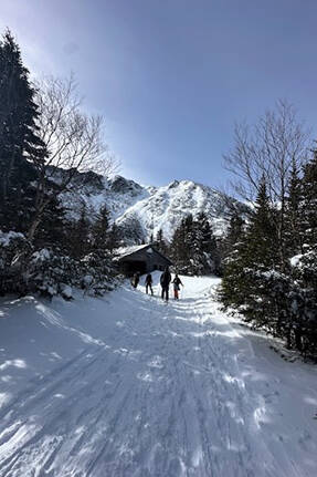 Pediatric residents cross country on skis on a snowy trail in the mountains 