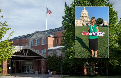 Photo of Heather Martin in front of the U.S. Capitol superimposed over an image of the Dartmouth Hitchcock Clinics Manchester building.