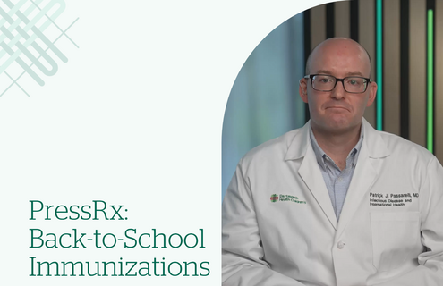 A photo of Patrick Passarelli with text that says "PressRx: Back to School Immunizations"