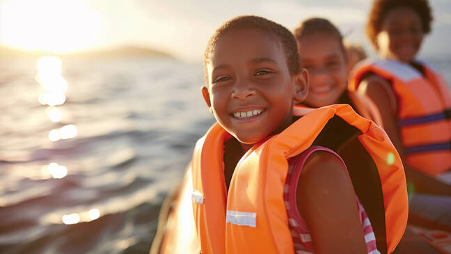 Three kids wearing orange life jackets on the water